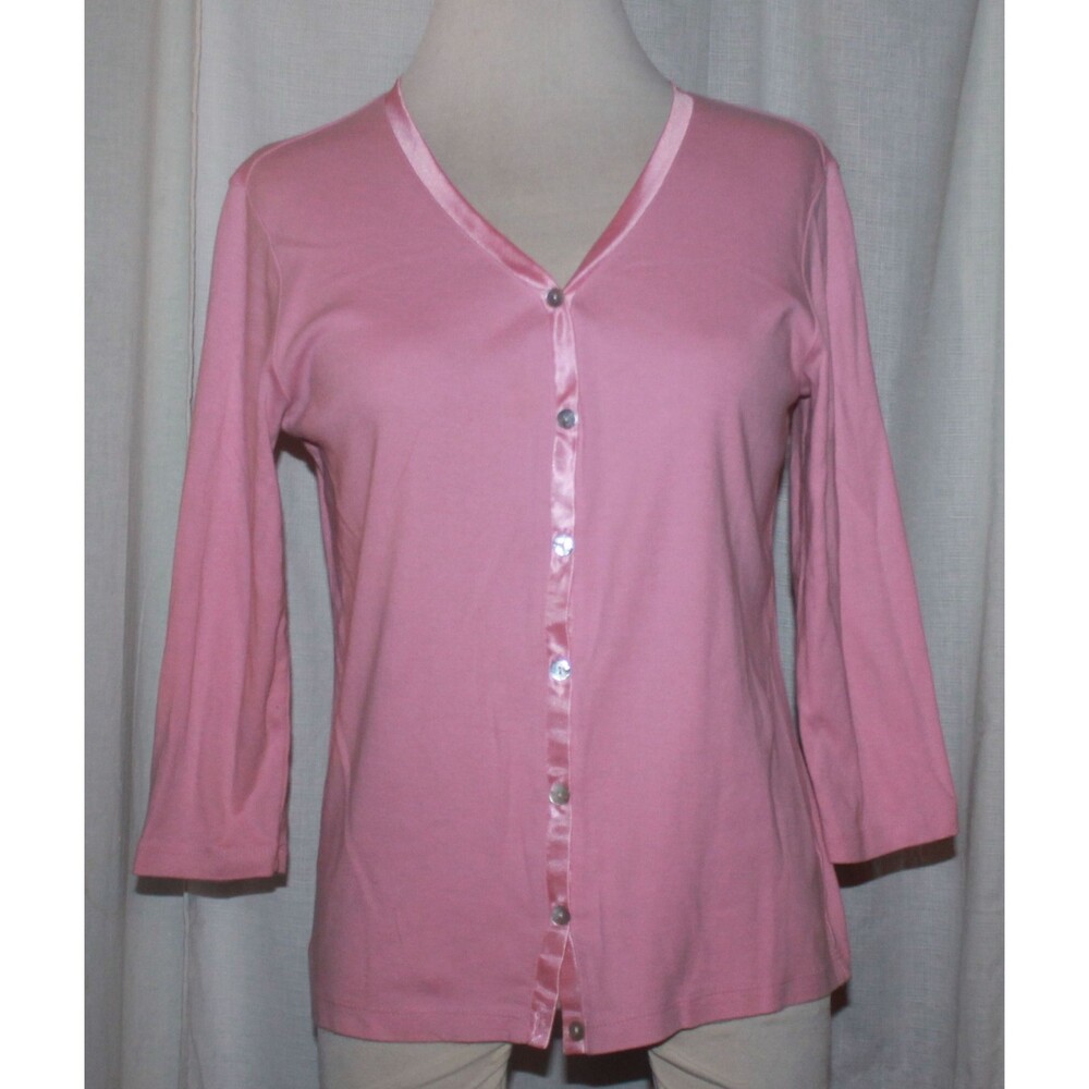 Caribbean Joe Pink 3/4 Sleeve Button Down Satin Trim Top Size M